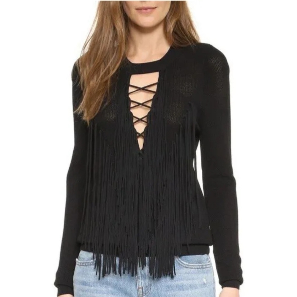 Ronny Kobo "Selma" Black Tie Up Fringe Knit Top